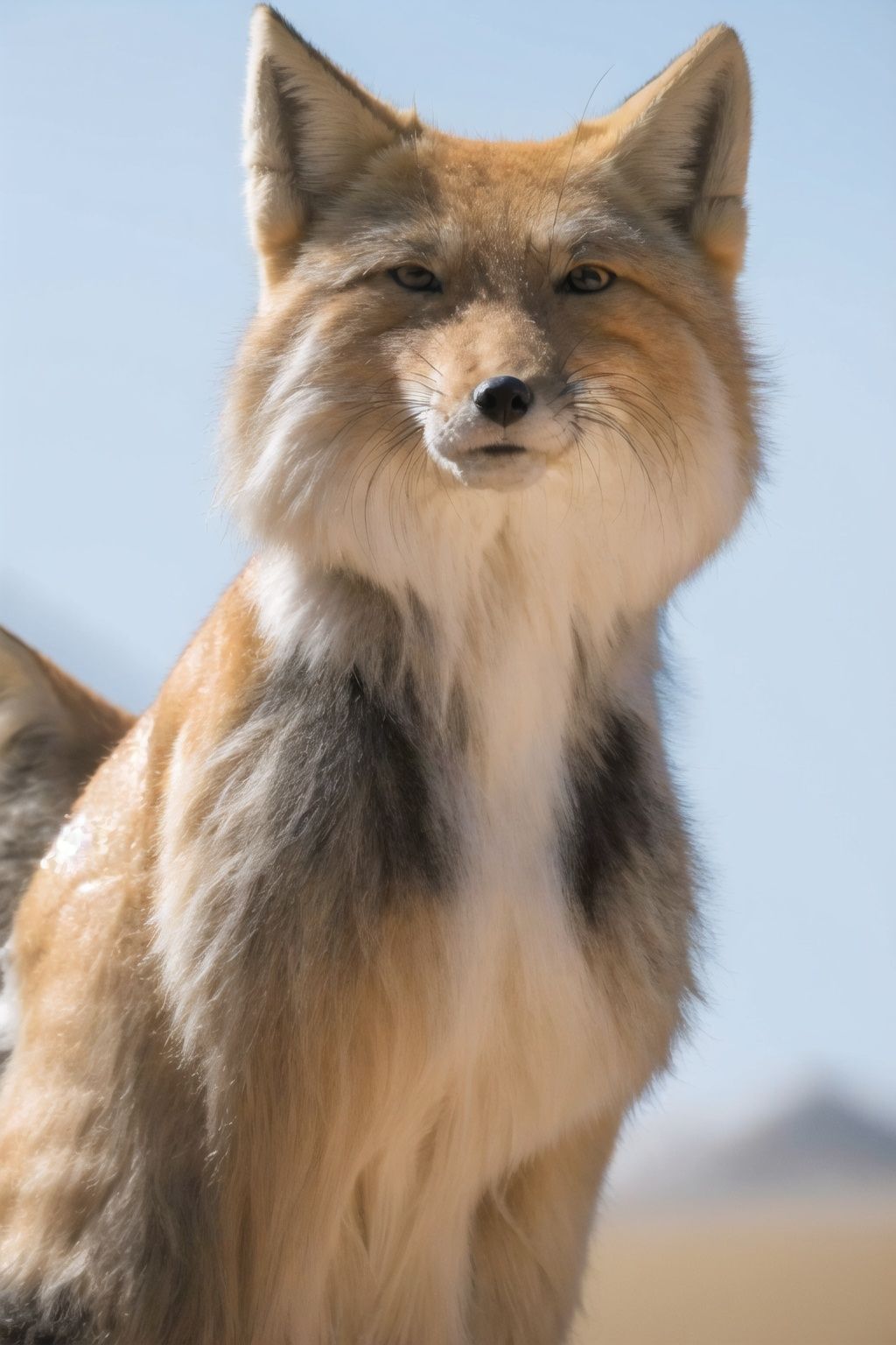 highres,sky,mountain,tibetan,fox,tibetanfox,high detail fur,looking at viewer, Fechin,calm,small eyes,