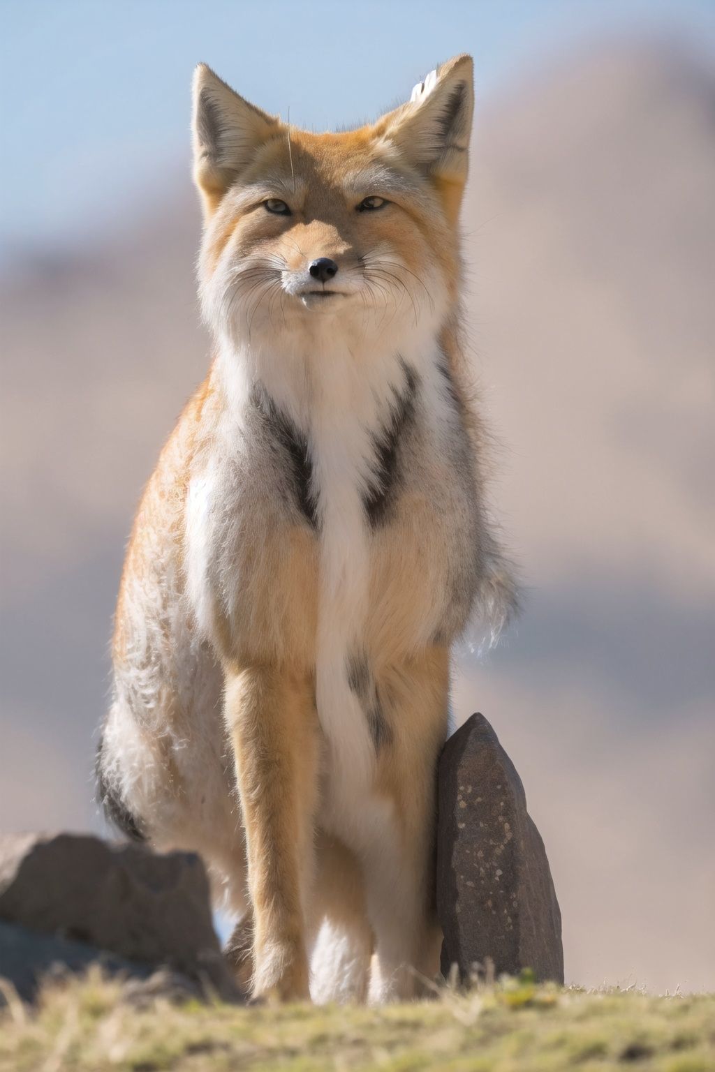  highres,sky,rock,dof,mountain,tibetan,fox,tibetanfox,high detail fur,looking at viewer, Fechin,calm,small eyes,jumping