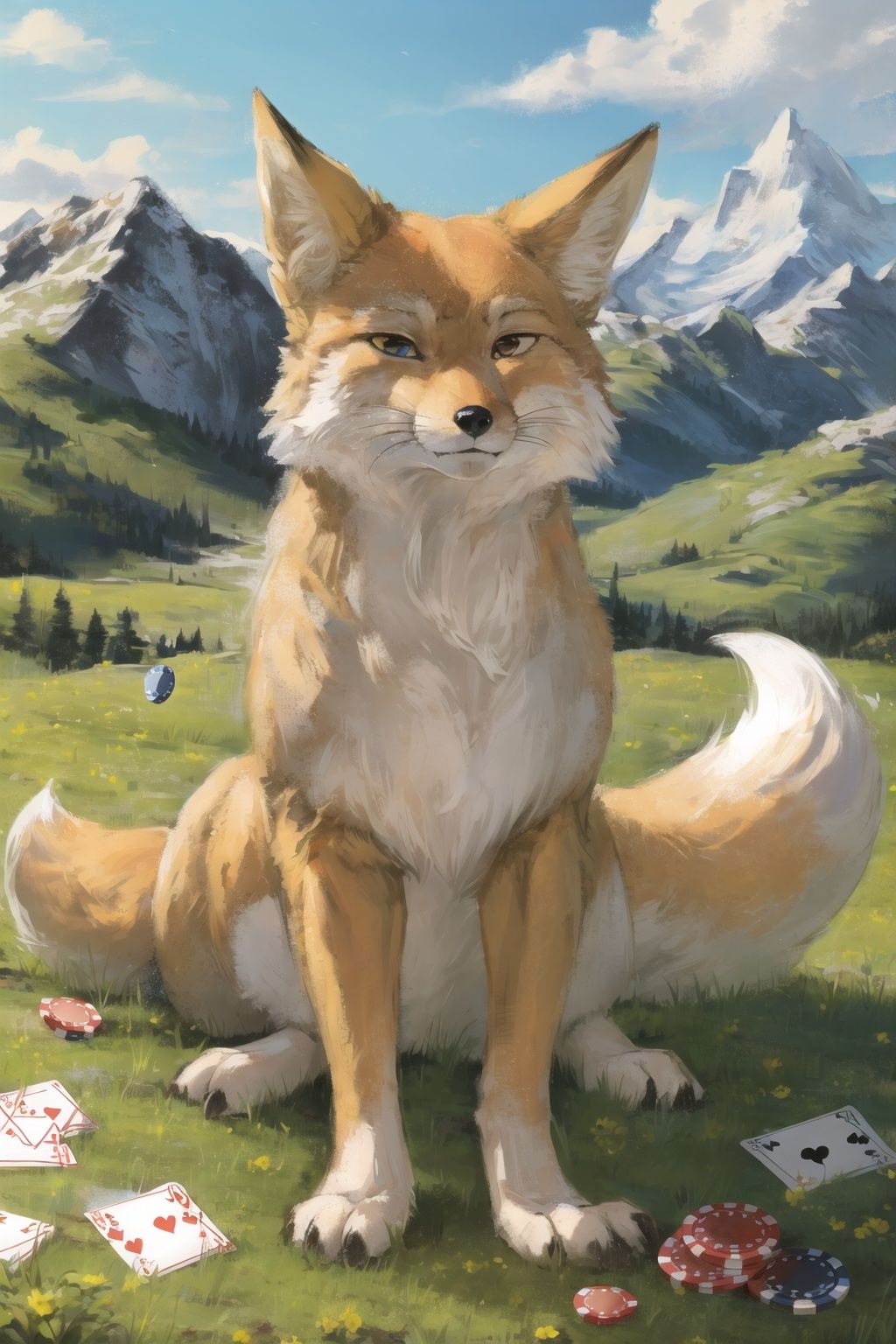highres,grass,sky,mountain,tibetan,fox,tibetanfox,high detail fur,looking at viewer, Fechin,poker face,calm,small eyes,
