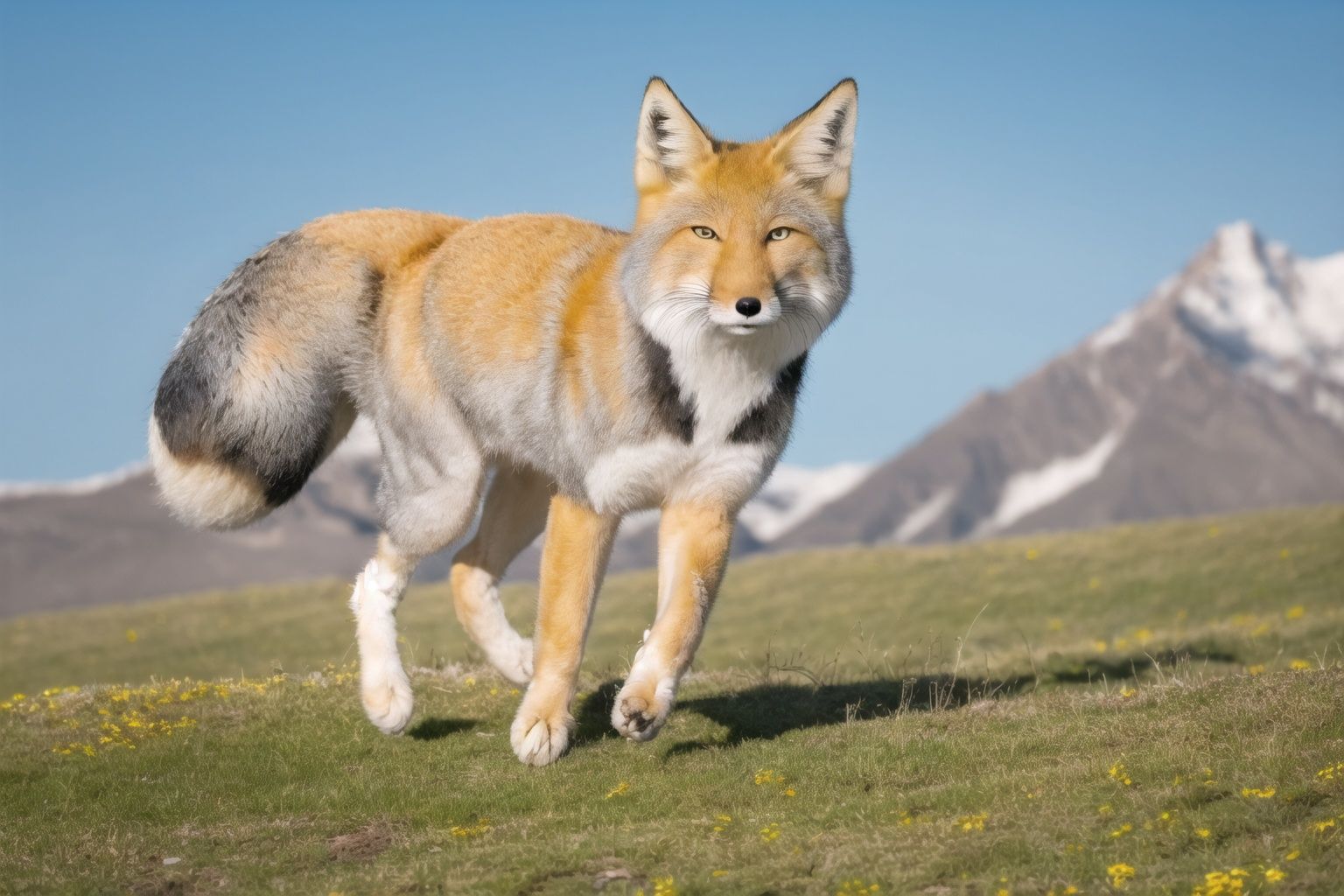  highres,sky,rock,dof,mountain,tibetan,fox,tibetanfox,high detail fur,looking at viewer, Fechin,calm,small eyes,jumping