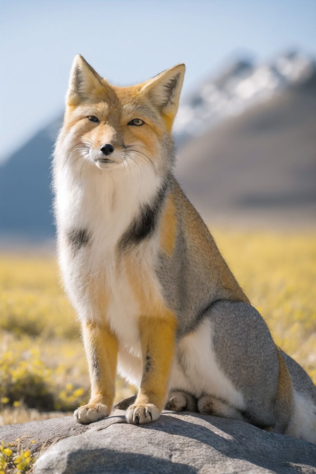  highres,sky,rock,dof,mountain,tibetan,fox,tibetanfox,high detail fur,looking at viewer, Fechin,calm,small eyes,jumping
