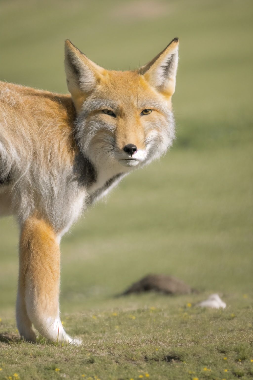 highres,grass,sky,mountain,tibetan,fox,tibetanfox,high detail fur,looking at viewer, Fechin,poker face,calm,small eyes,