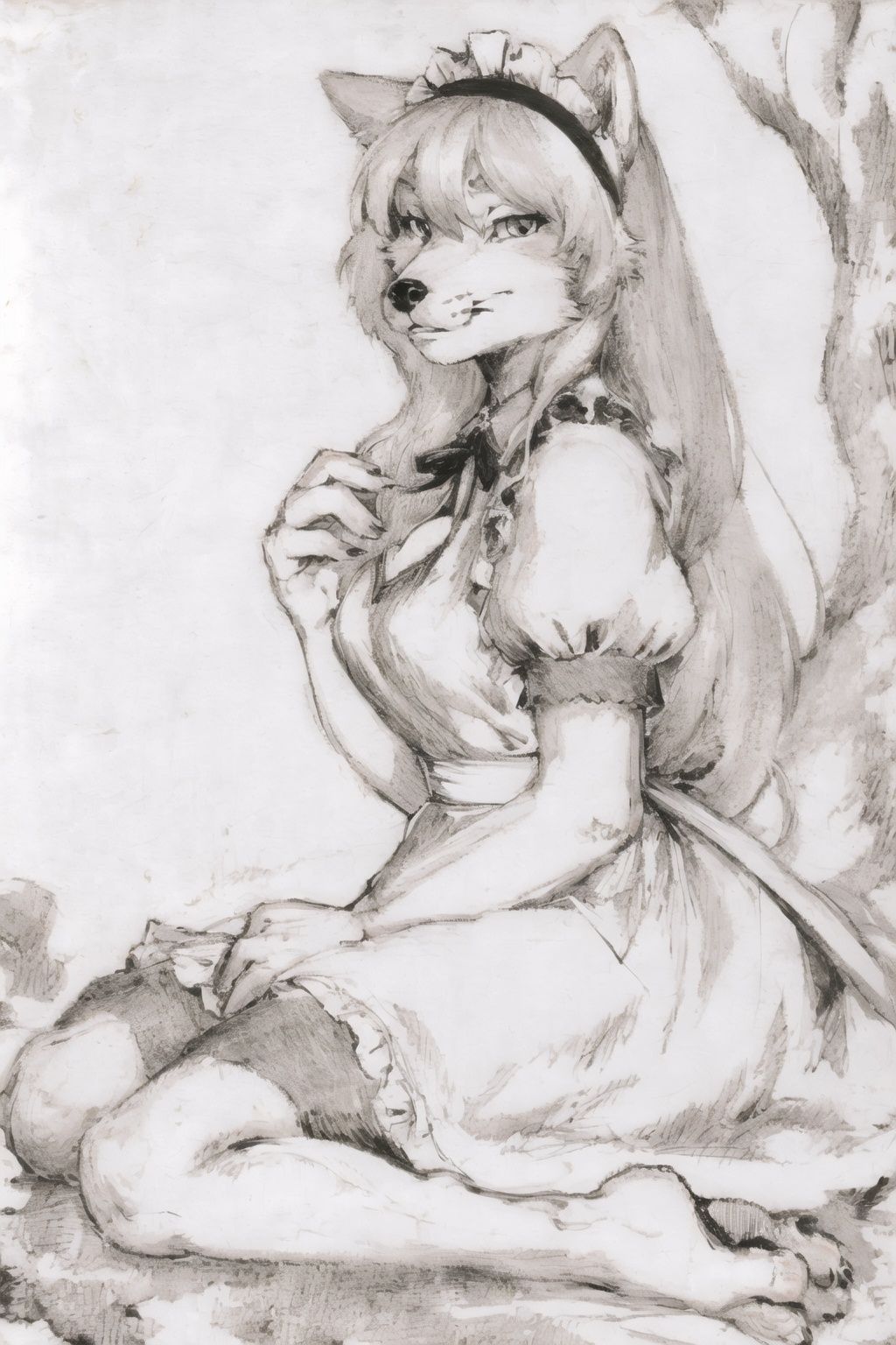  night forest,ultra detailed,lineart,solo,furry girl,Tibetanfox,maid dress,long hair,high detail fur,fur paws,maid_headband,looking at viewer