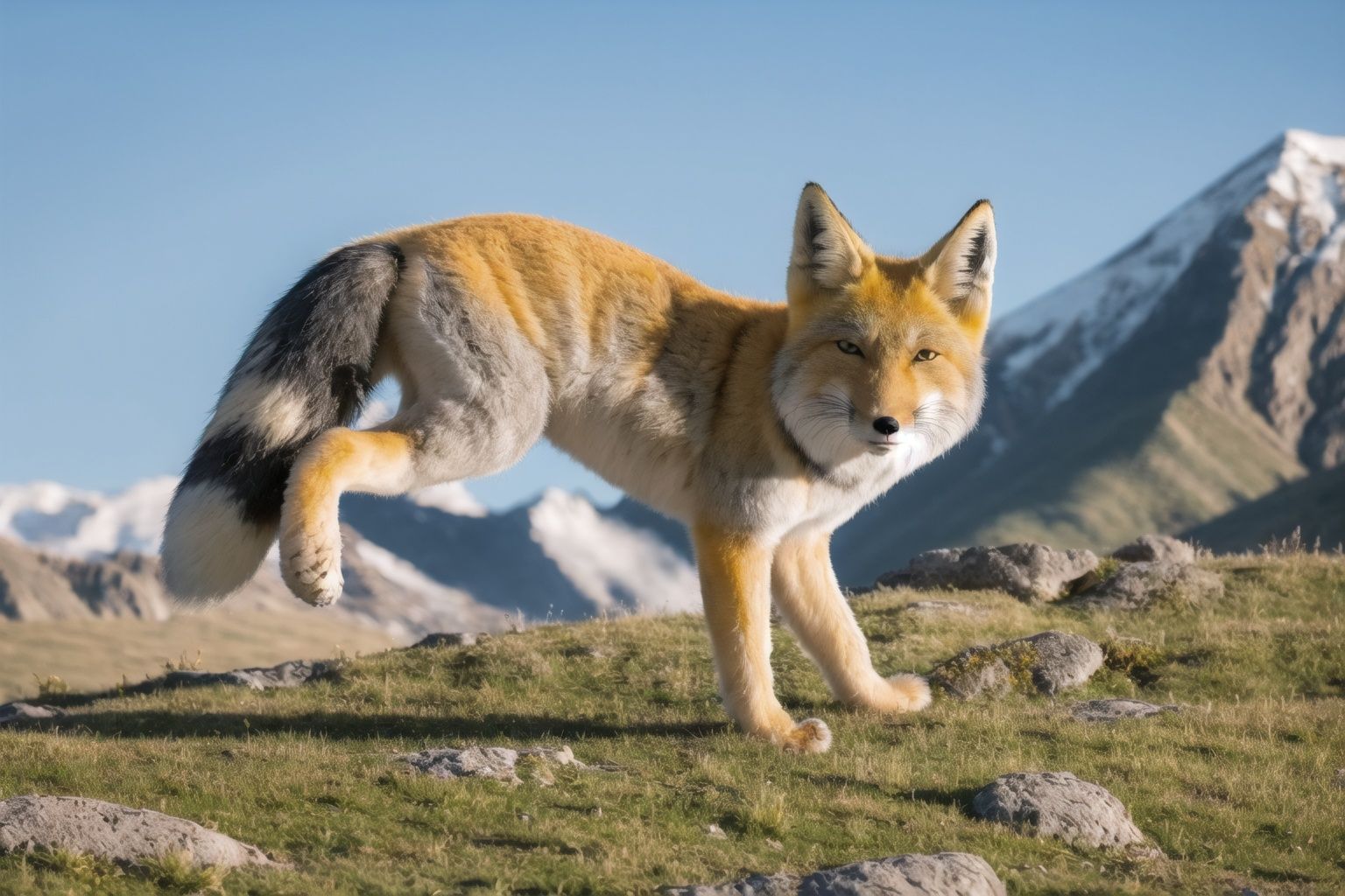  highres,sky,rock,dof,mountain,tibetan,fox,tibetanfox,high detail fur,looking at viewer, Fechin,calm,small eyes,jumping