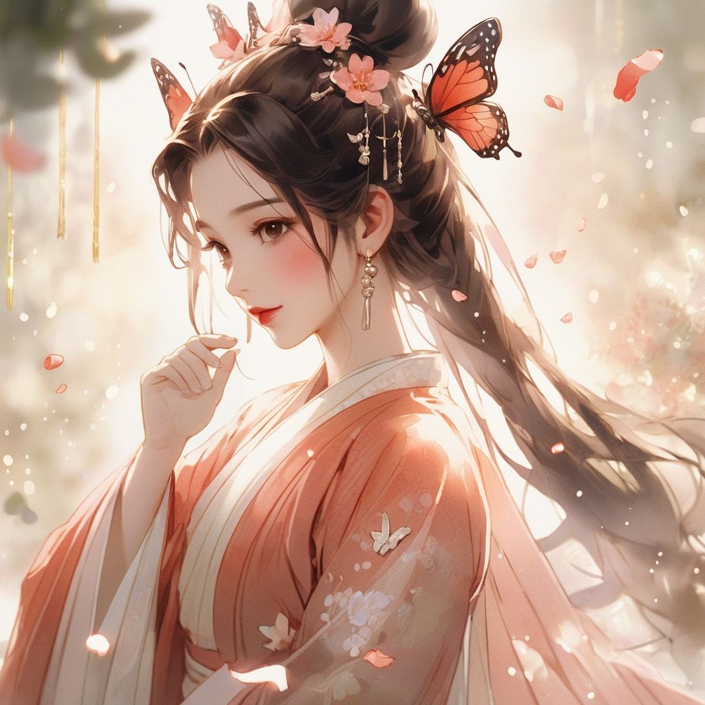 (\hui mou\), 1girl, solo, hair ornament, jewelry, earrings, petals, flower, upper body, long hair, chinese clothes, long sleeves, blurry, hair flower, falling petals, bug, black hair, butterfly, blurry background, hand up, dress, hanfu, forehead mark, light particles, hair bun, facial mark, from side, brown eyes, closed mouth, brown hair, red lips, eyelashes, blush