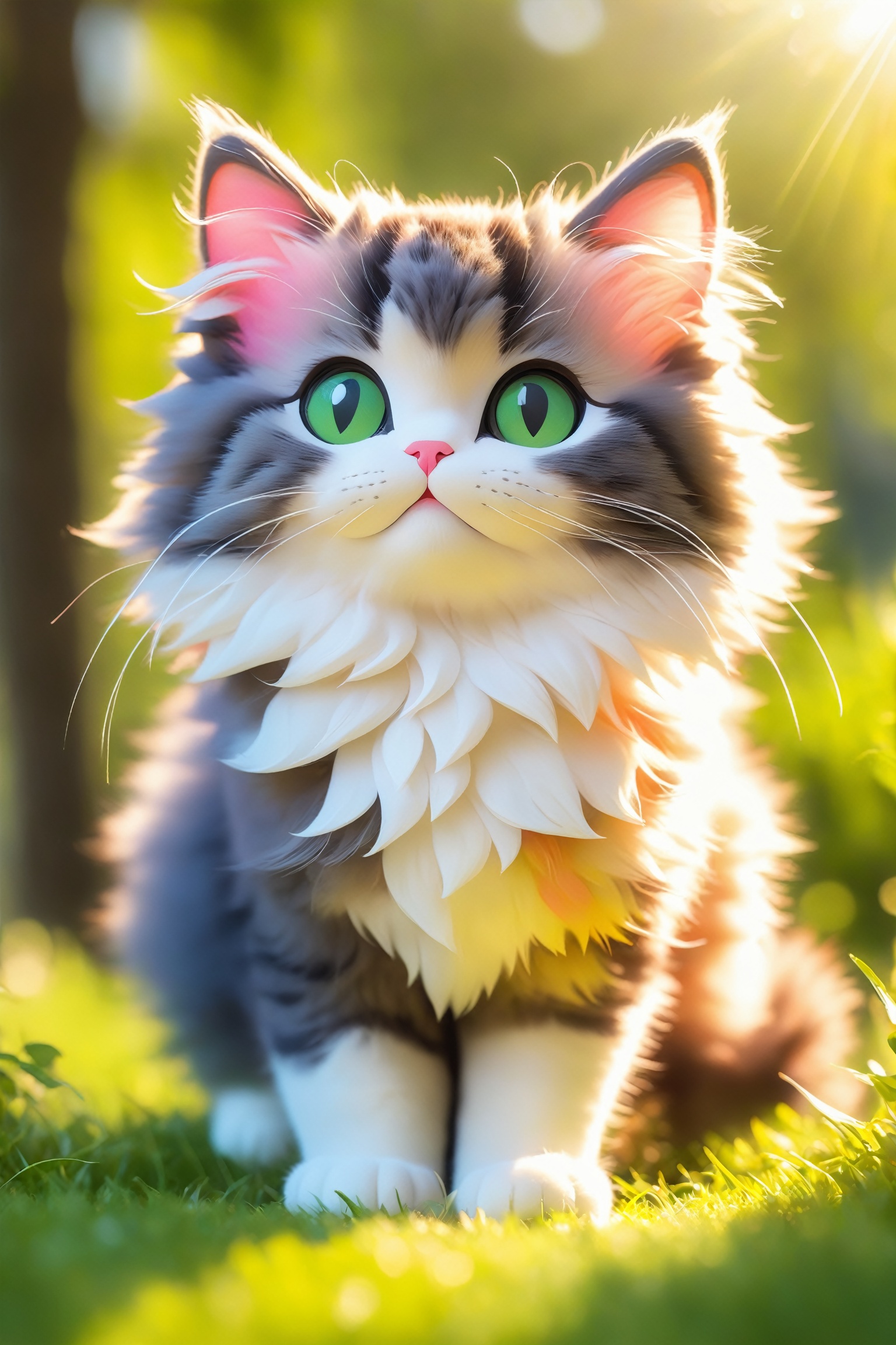 A cute cat,fluffy fur,adorable active eyes,playful paws,cosy sleeping spot,soft whiskers,beautiful patterned coat,bright and expressive eyes,curious and playful nature,smooth and sleek body,graceful and agile movements,[cat toys],[green garden background],[colorful sunlight filtering through the trees],[vibrant and cheerful atmosphere],(best quality,ultra-detailed),[soft lighting],realistic colors, [bokeh]