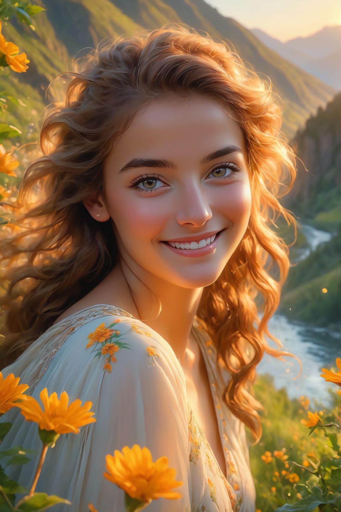 (best quality,8k,highres,masterpiece:1.2),photorealistic,ultra-detailed,vibrant photography of a woman in nature, cute smile,dramatic lighting,finely detailed beautiful eyes,fine detailed skin,Natural scenery,majestic landscape,colorful flowers,distant mountains,flowing rivers,melting sunset,serene atmosphere,dazzling sunlight,blissful vibes,freckled face,luscious greenery,soft breeze,ethereal beauty