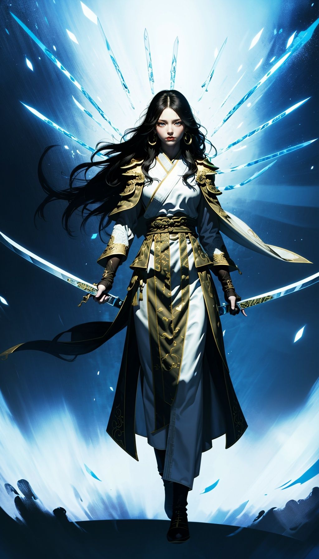  parametersmasterpiece,Best quality, 8k, simple details, 1 girl, Hanfu, looking at the audience, holding sword, shoulder armor, gloves, jewelry, whole body, red lips, floating hair, earrings, cloak, standing, long hair,,bj_Fault art,ChineseAncientSword,ji bing, Yu Jian Jue