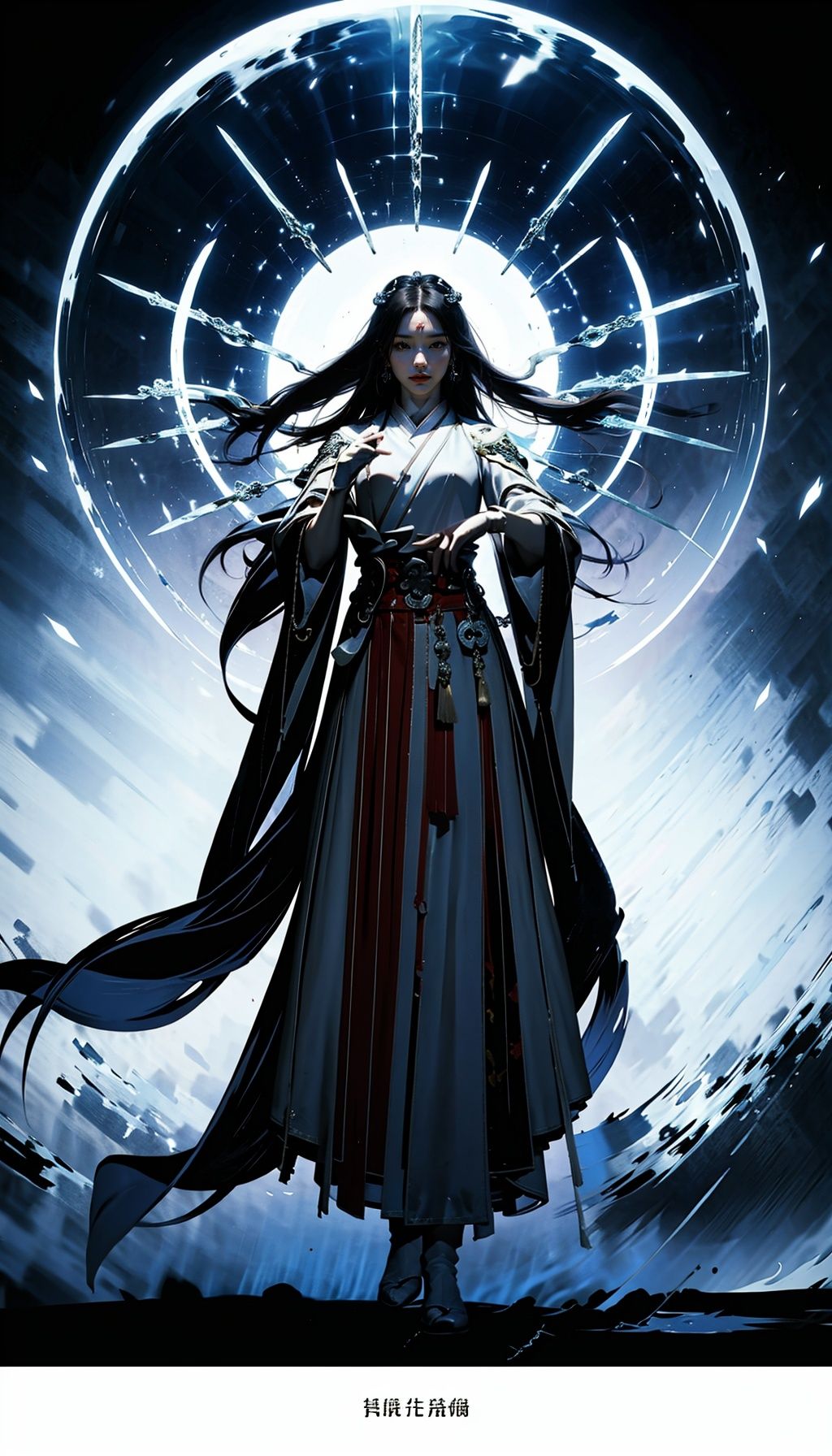  parametersmasterpiece,Best quality, 8k, simple details, 1 girl, Hanfu, looking at the audience, holding sword, shoulder armor, gloves, jewelry, whole body, red lips, floating hair, earrings, cloak, standing, long hair, bj_ demon angel, magnificent, sacred, mountain sky, demon standing behind the girl,bj_Fault art,ChineseAncientSword,ji bing, Yu Jian Jue