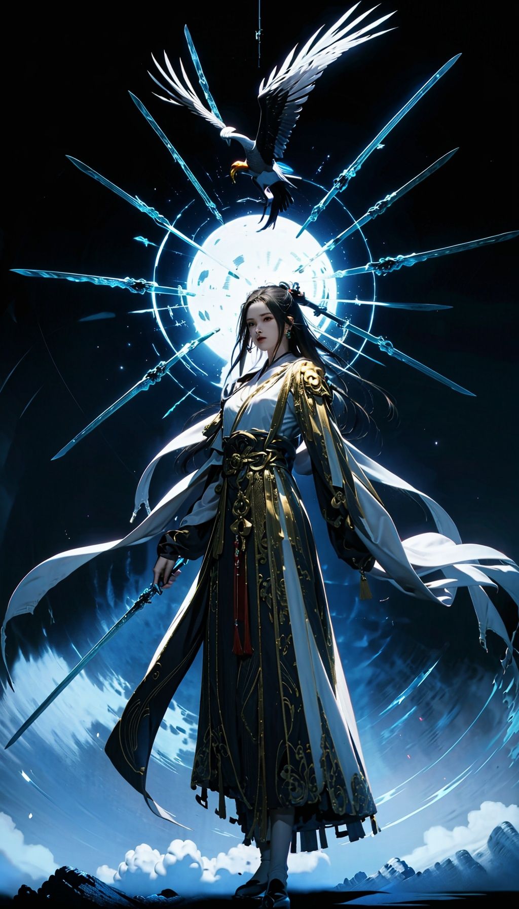  parametersmasterpiece,Best quality, 8k, simple details, 1 girl, Hanfu, looking at the audience, holding sword, shoulder armor, gloves, jewelry, whole body, red lips, floating hair, earrings, cloak, standing, long hair, bj_ demon angel, magnificent, sacred, mountain sky, demon standing behind the girl,bj_Fault art,ChineseAncientSword,ji bing, Yu Jian Jue