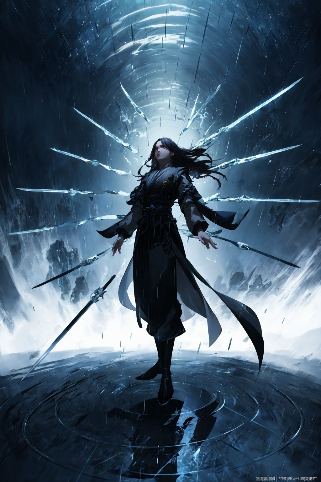  absurdres,incredibly absurdres,reality,realistic,1girl,solo, Yu Jian Jue,Sword Formation,(full_body:1.2),(Rain of Blades:1.2), wdw kehuanfeng
