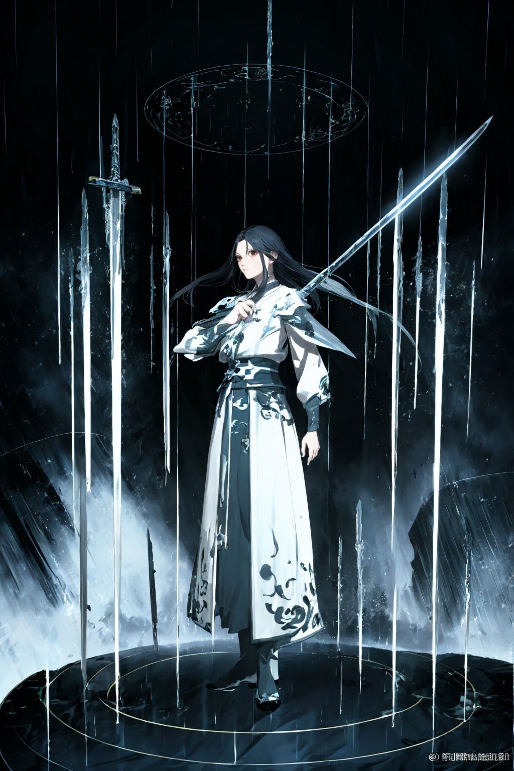 absurdres,incredibly absurdres,reality,realistic,1girl,solo, Yu Jian Jue,Sword Formation,(full_body:1.2),(Rain of Blades:1.2)