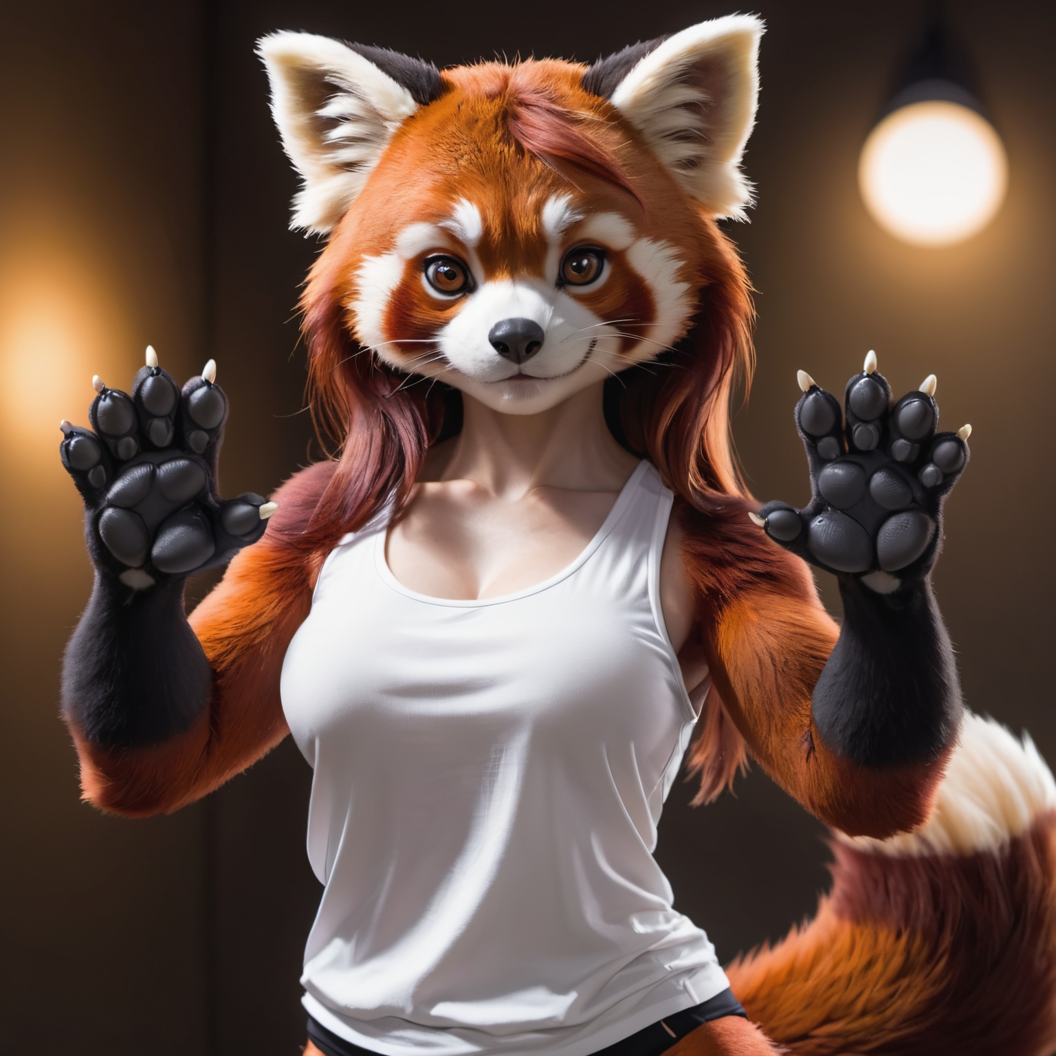 Closeup of an anthro furry red panda female wearing a loose white **** top,  paws,  paw pads towards viewer on Tensor.Art