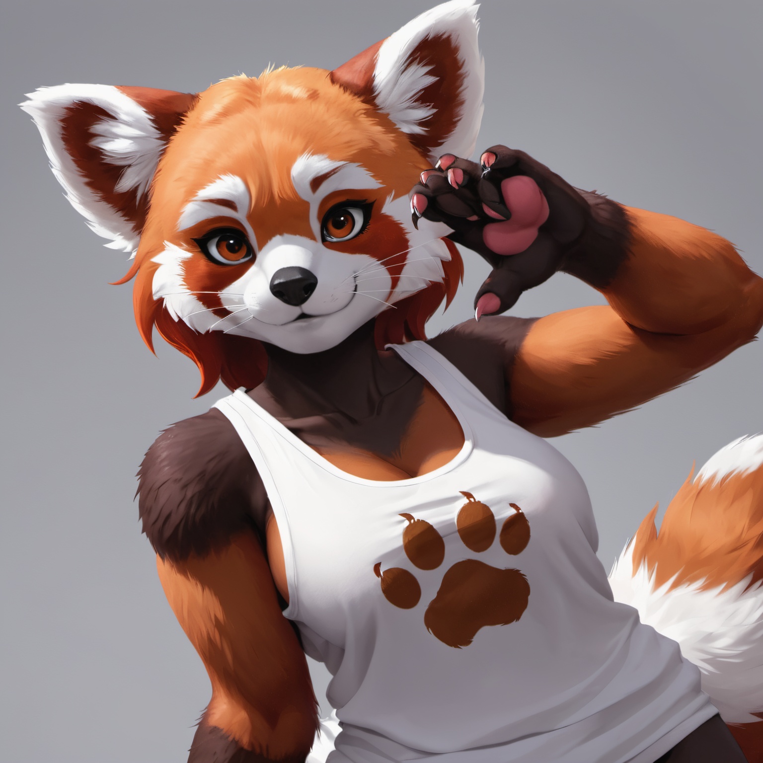 Closeup of an anthro furry red panda female wearing a loose white **** top,  paws,  paw pads towards viewer on Tensor.Art