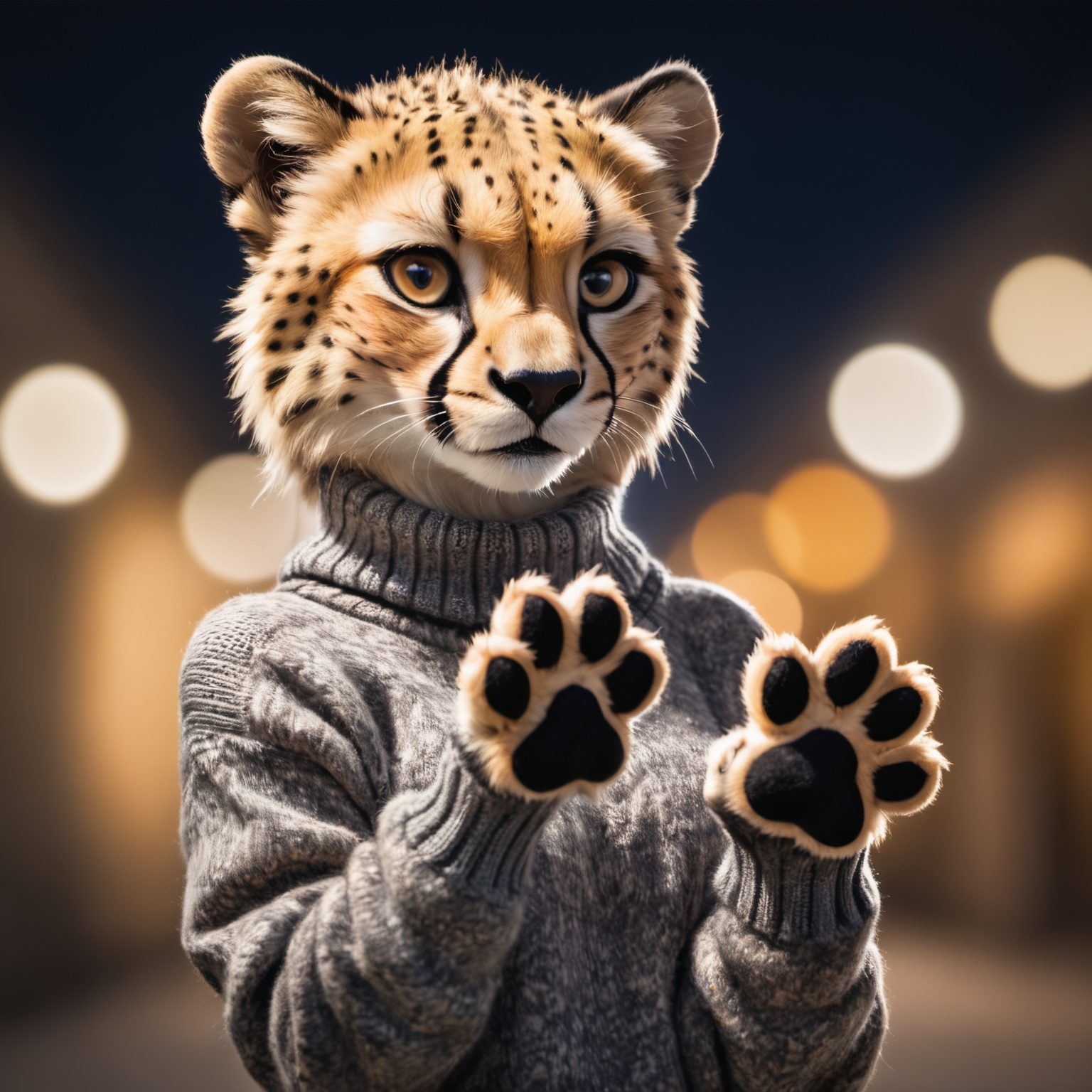 Closeup of an anthro furry cheetah female wearing a wool sweater,  paws,  paw pads towards viewer on Tensor.Art