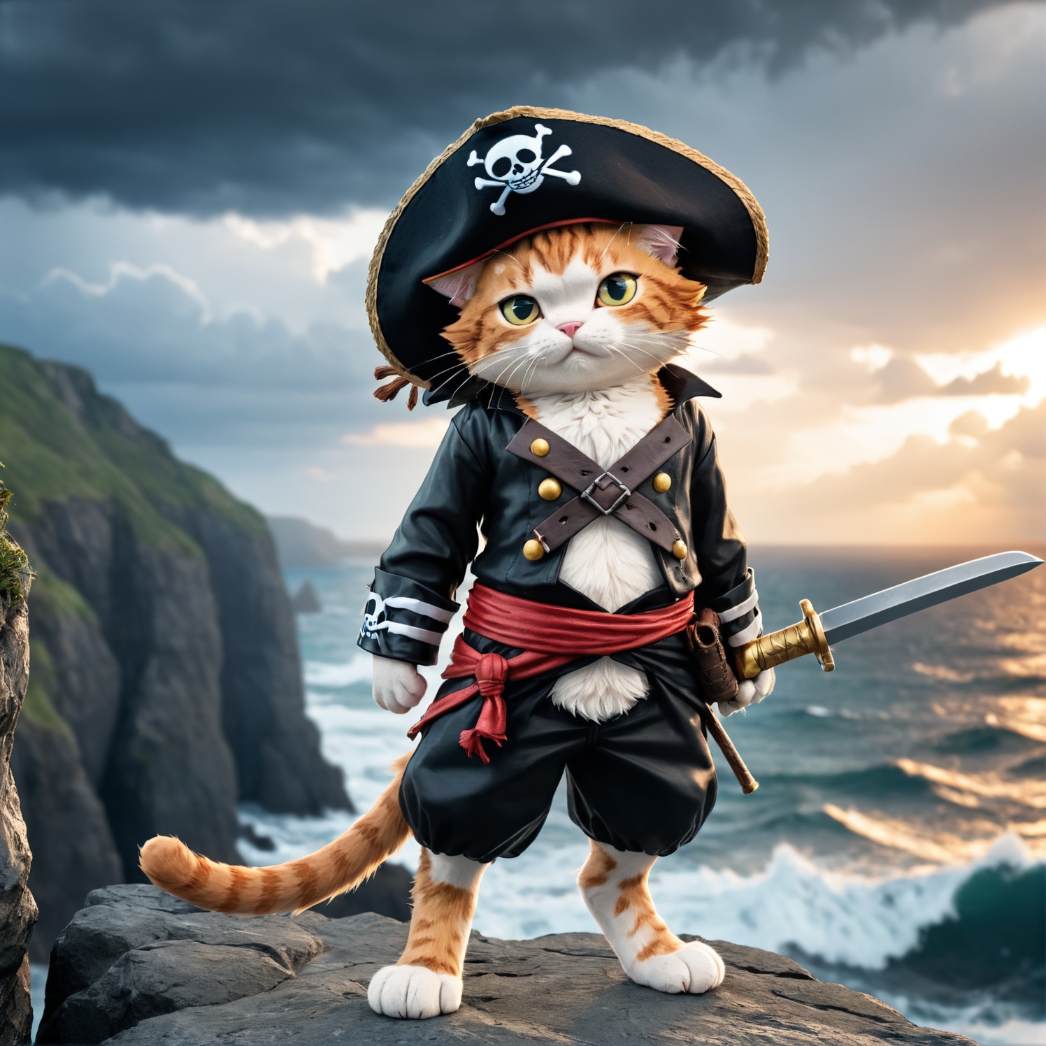 a cute cat pirat one piece outfit wearing a staw hat he is raising his saber and is standing on a cliff and is looking dow...