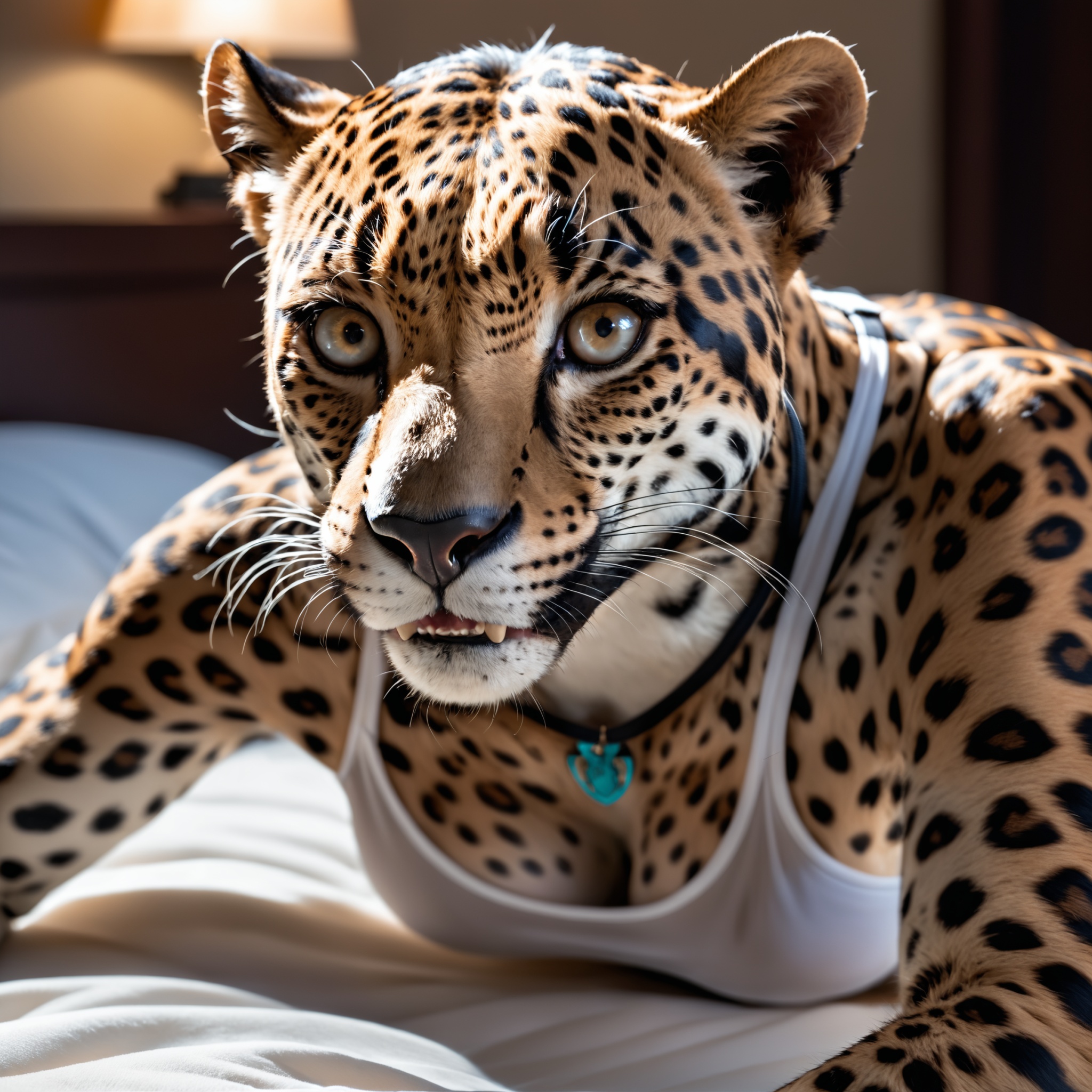 closeup of an anthro female jaguar ,  wearing a white **** top,  fangs laying down in bed on Tensor.Art