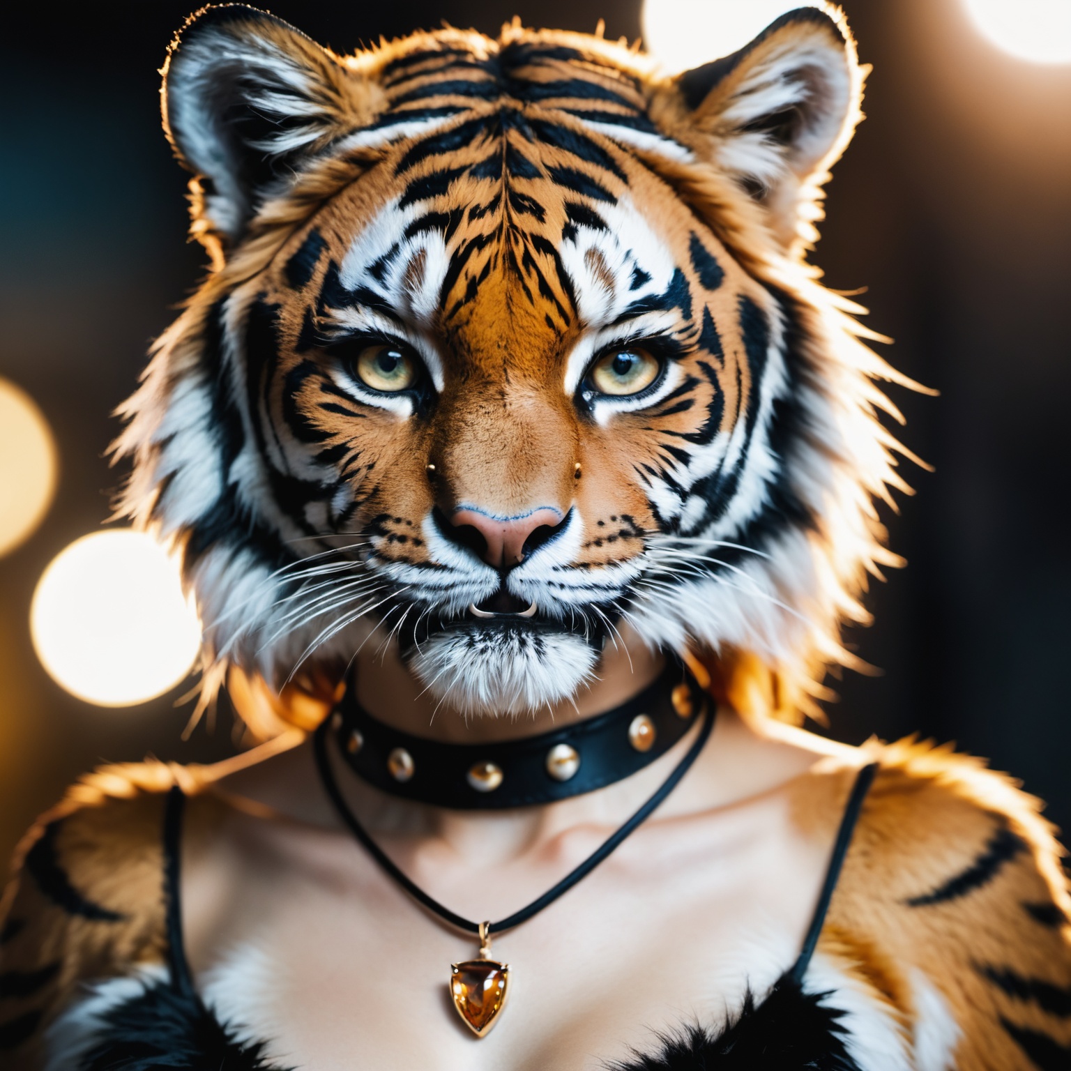 face portrait from an anthro furry tiger female ,  full body fur,  necklace on Tensor.Art