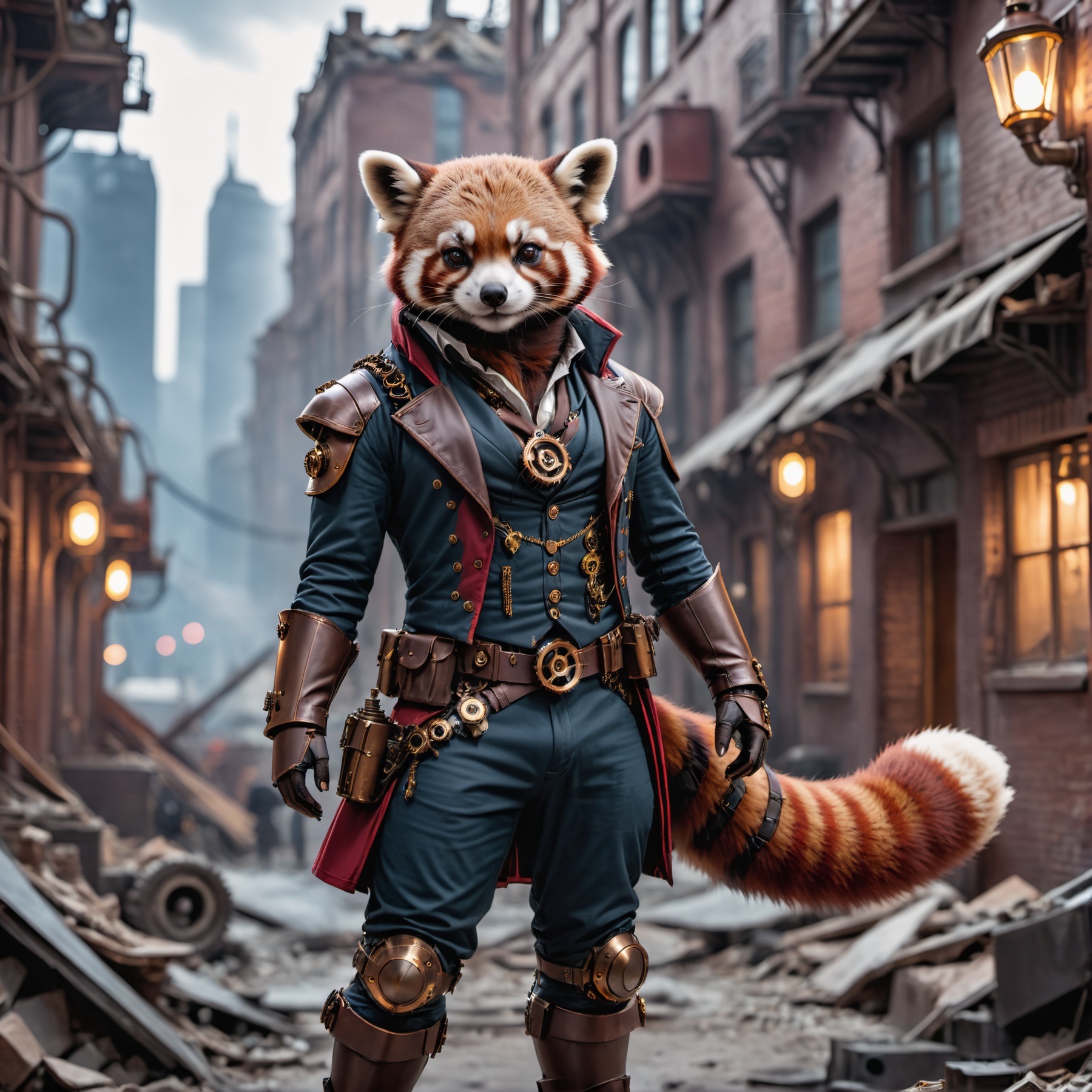steampunk red panda in a destroyed city . shallow depth of field,  vignette,  highly detailed on Tensor.Art