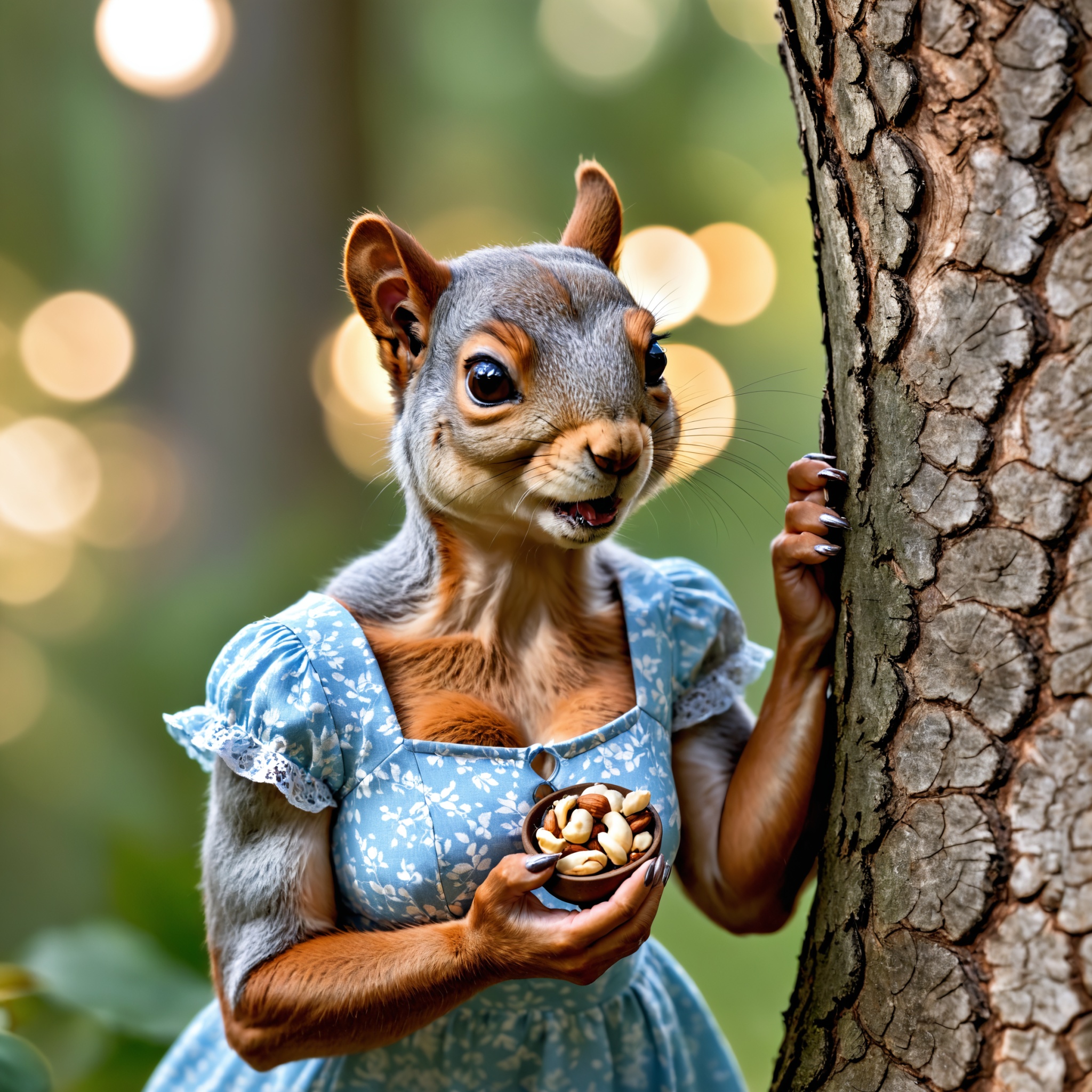 closeup an anthro female squirrel ,  wearing a summer dress on a tree ,  eating a nut on Tensor.Art