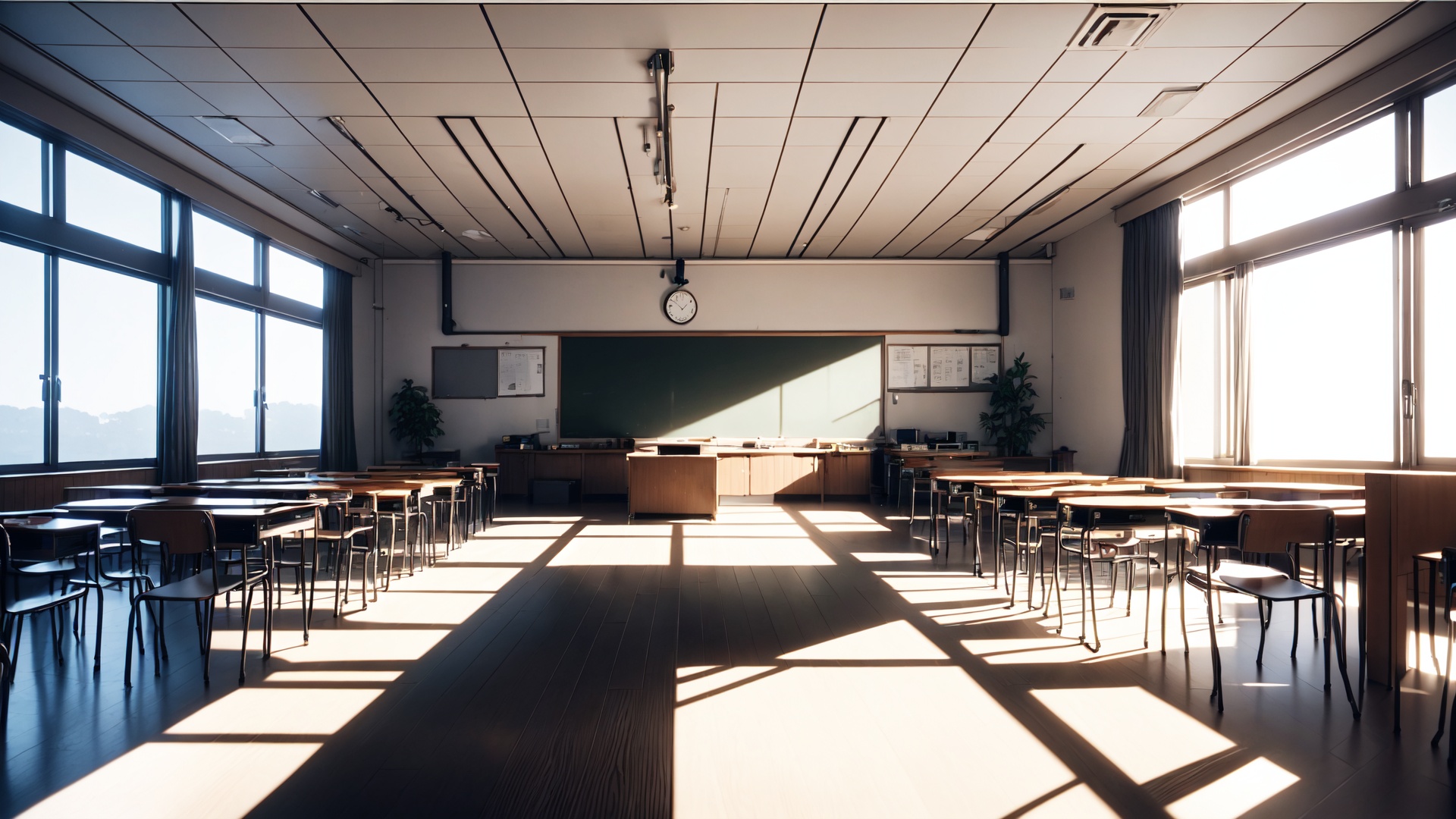 High-resolution,  photorealistic image of an empty modern Japanese high school classroom. The perspective is a front-facin...