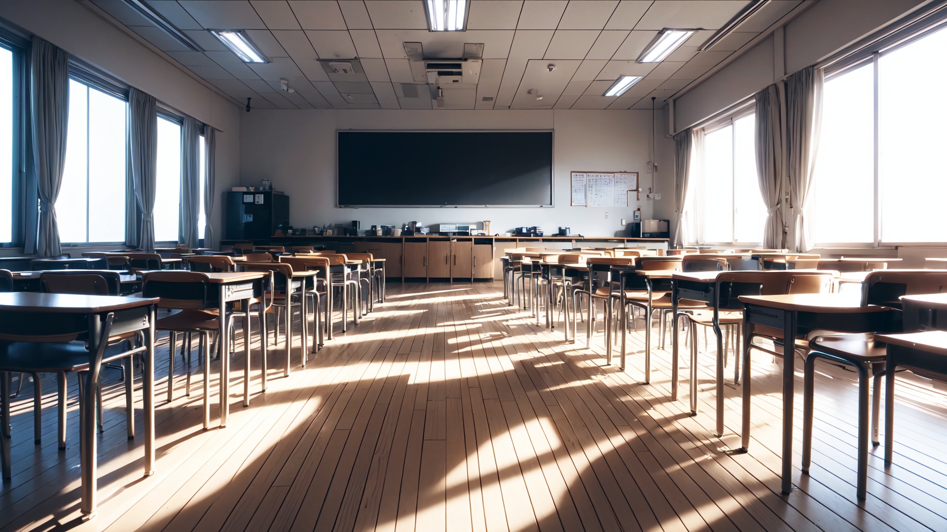 High-resolution,  photorealistic image of an empty modern Japanese high school classroom. The perspective is a front-facin...