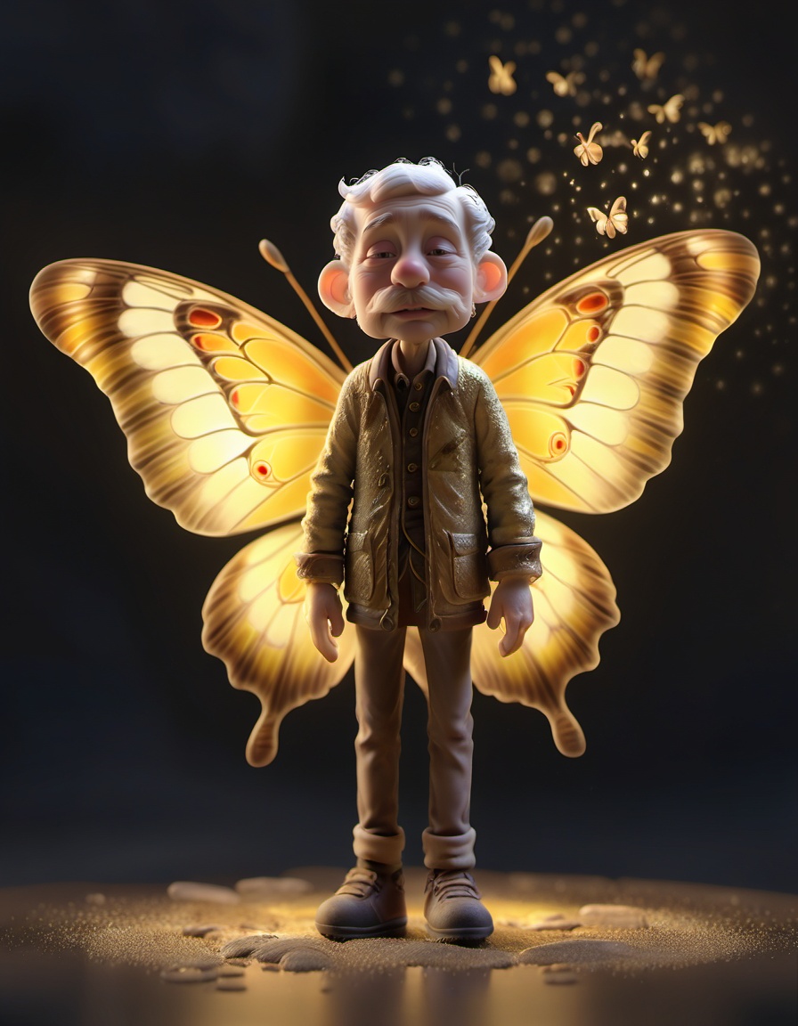 character elder man standing in Flutterfly Dreams - A young butterfly with big dreams sets off on a transformative adventure., particle volumetric dust  <lora:STYLIZARD_v1:1.2> sharp focus, macro, micro, Bisque Gold ambient, sub surface scattering, glow