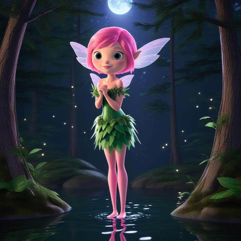 fairy, pixie, magical, pink hair, standing, overgrowm, forest, night, water  <lora:STYLIZARD_v1:1>