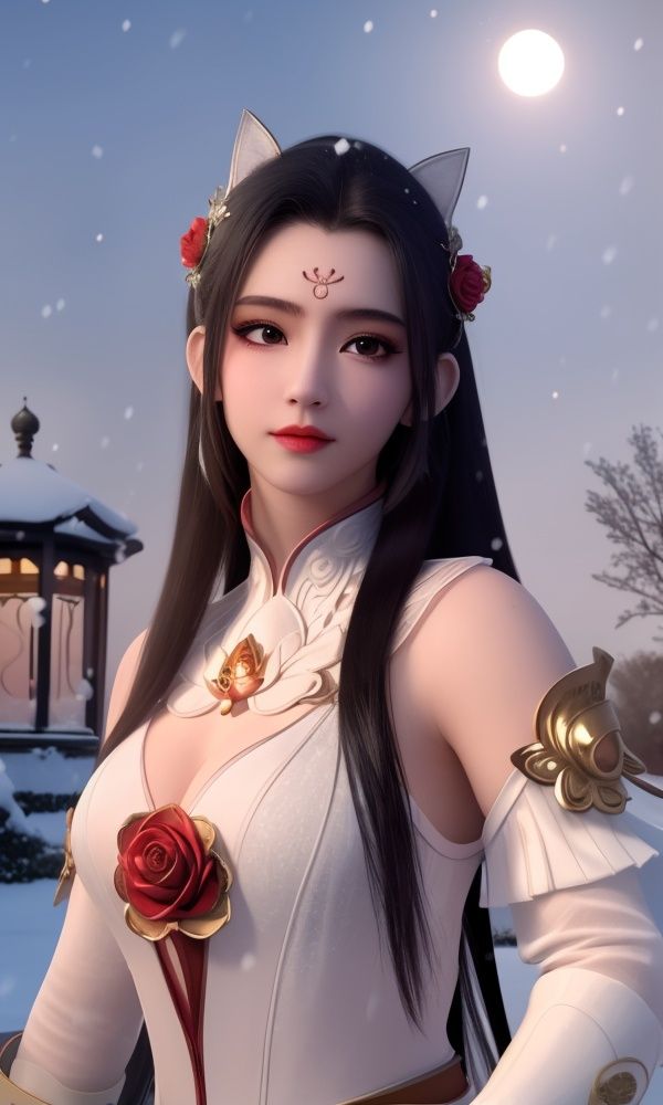 (,1girl, ,best quality, )<lora:DA_白鹤淮V2-暗河传:0.8>,, ,masterpiece, fantasy, realistic,science fiction,mole, ultra realistic 8k cg, ,tamari \(flawless\),  medium breasts  ,outdoors, snow, snowing, snow on head, sun,sunset,sunlight,moonlight,full moon, red moon,  crescent moon,  crescent rose,  black rose,       (()), (),