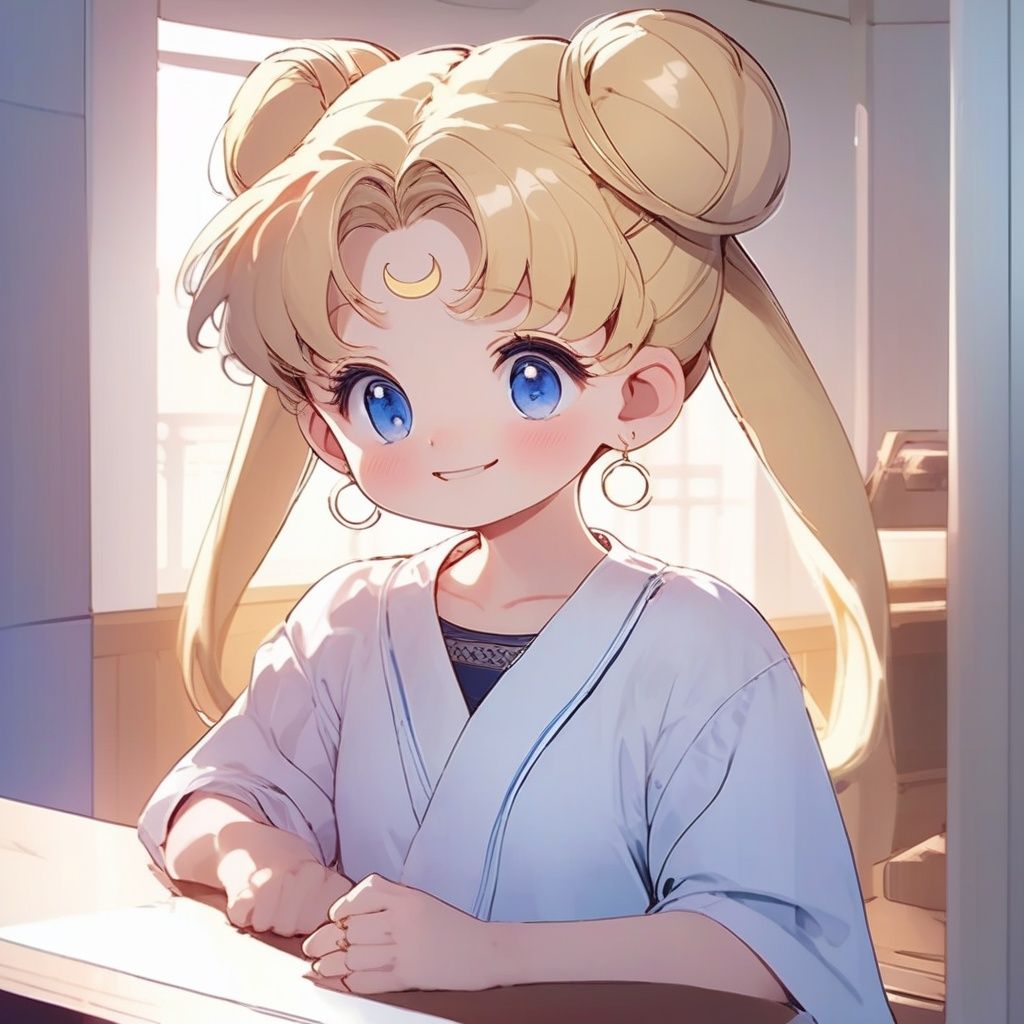 qanime,<lora:qanime:1>,(masterpiece, best quality:1.2), 1girl, artist name, bangs, blonde hair, blue eyes, blue sailor collar, blush, casual, closed mouth, crescent, crescent earrings, double bun, earrings, elbow rest, hair bun, hair ornament, hands on own cheeks, hands on own face, head rest, jewelry, long hair, long sleeves, shirt, signature, smile, solo, tsukino usagi, twintails, upper body, 