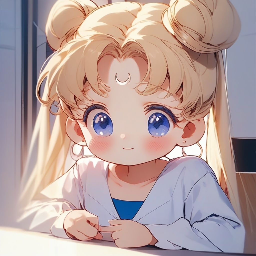 qanime,<lora:qanime:1>,(masterpiece, best quality:1.2), 1girl, artist name, bangs, blonde hair, blue eyes, blue sailor collar, blush, casual, closed mouth, crescent, crescent earrings, double bun, earrings, elbow rest, hair bun, hair ornament, hands on own cheeks, hands on own face, head rest, jewelry, long hair, long sleeves, shirt, signature, smile, solo, tsukino usagi, twintails, upper body, 