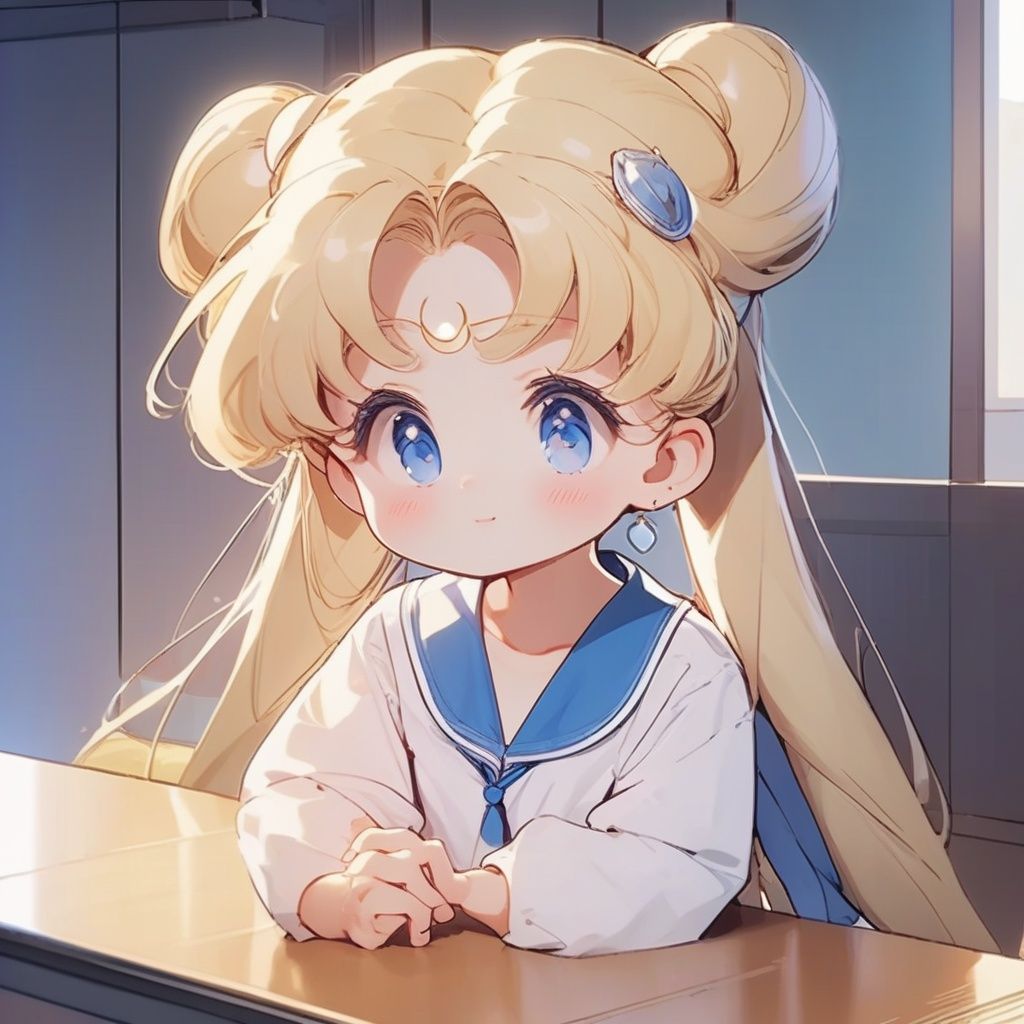 qanime,<lora:qanime:1>,(masterpiece, best quality:1.2), 1girl, artist name, bangs, blonde hair, blue eyes, blue sailor collar, blush, casual, closed mouth, crescent, crescent earrings, double bun, earrings, elbow rest, hair bun, hair ornament, hands on own cheeks, hands on own face, head rest, jewelry, long hair, long sleeves, shirt, signature, smile, solo, tsukino usagi, twintails, upper body, 