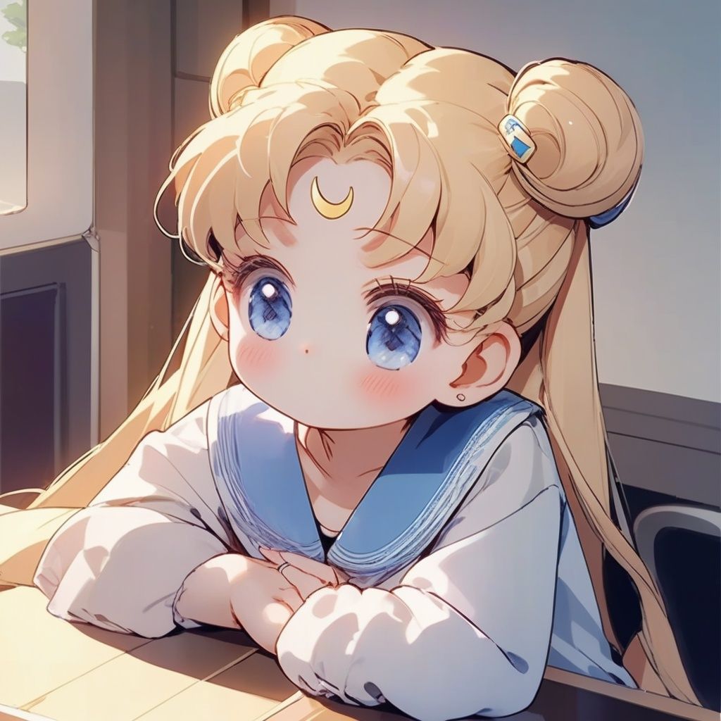 qanime,<lora:qanime:1>,(masterpiece, best quality:1.2), 1girl, artist name, bangs, blonde hair, blue eyes, blue sailor collar, blush, casual, closed mouth, crescent, crescent earrings, double bun, earrings, elbow rest, hair bun, hair ornament, hands on own cheeks, hands on own face, head rest, jewelry, long hair, long sleeves, shirt, signature, smile, solo, tsukino usagi, twintails, upper body, 