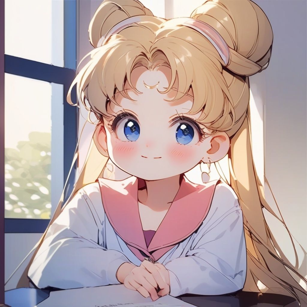 qanime,<lora:qanime:1>,(masterpiece, best quality:1.2), 1girl, artist name, bangs, blonde hair, blue eyes, blue sailor collar, blush, casual, closed mouth, crescent, crescent earrings, double bun, earrings, elbow rest, hair bun, hair ornament, hands on own cheeks, hands on own face, head rest, jewelry, long hair, long sleeves, shirt, signature, smile, solo, tsukino usagi, twintails, upper body, 