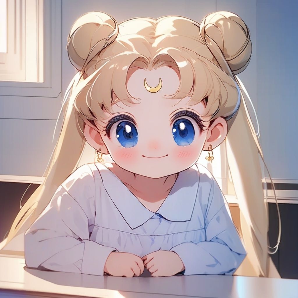 qanime,<lora:qanime:1>,(masterpiece, best quality:1.2), 1girl, artist name, bangs, blonde hair, blue eyes, blue sailor collar, blush, casual, closed mouth, crescent, crescent earrings, double bun, earrings, elbow rest, hair bun, hair ornament, hands on own cheeks, hands on own face, head rest, jewelry, long hair, long sleeves, shirt, signature, smile, solo, tsukino usagi, twintails, upper body, 