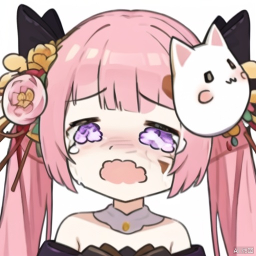  crying, hair ornament, hair flower,long hair, purple eyes, pink hair, twintails,mask,facial mark,simple background,