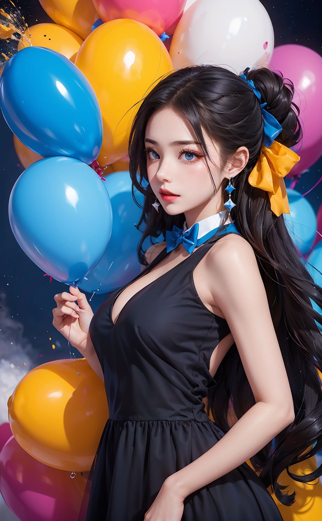  1girl, black long hair, bow tie, colorful dress, Colorful balloonsl, splashing water, starry sky,