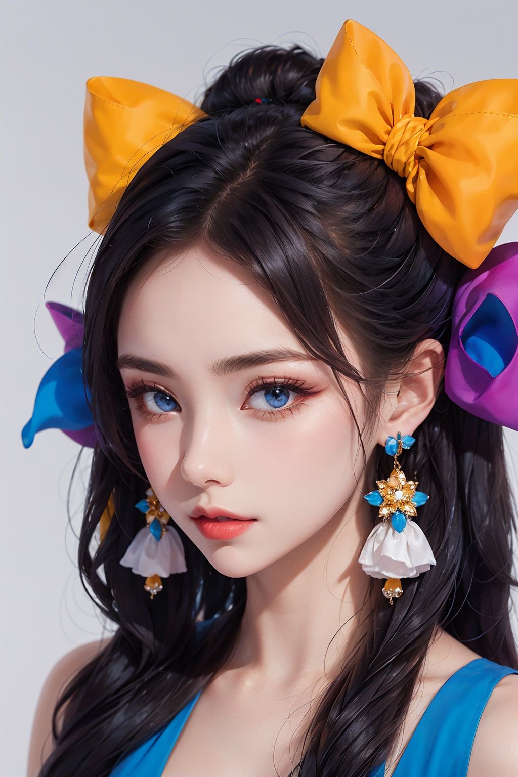  1girl, FrontA large colored bow, , colorful earrings,