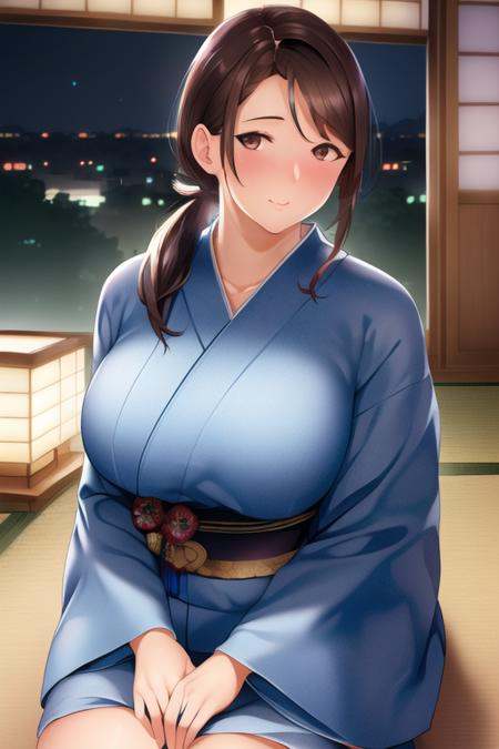 (Night:1.7), Japan, Tokyo, CityView, Before Window,Standing at attention, Sitting on tatami,Blue Yakata,kimono,japanese clothes, <lora:Haruka_Hahagui-KK77-V1:0.7>,low_ponytail,brown eyes,brown hair, bangs,1 girl, 20yo,mature female,Beautiful Finger,Beautiful long legs,Beautiful body,Beautiful Nose,Beautiful character design, perfect eyes, perfect face,looking at viewer, in the center of the image,NSFW,official art,extremely detailed CG unity 8k wallpaper, perfect lighting,Colorful, Bright_Front_face_Lighting,(masterpiece:1.0),(best_quality:1.0), ultra high res,4K,ultra-detailed,photography, 8K, HDR, highres, absurdres:1.2, Kodak portra 400, film grain, blurry background, bokeh:1.2, lens flare, (vibrant_color:1.2)(Beautiful,large_Breasts:1.4), (beautiful_face:1.5),(narrow_waist),
