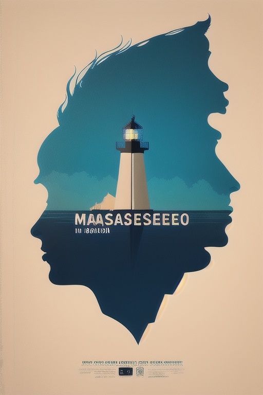 ((masterpiece)), best qualityMinimalistPoster, 1girl,silhouette, sea,lighthouse,multiple exposure,english text,blue theme,