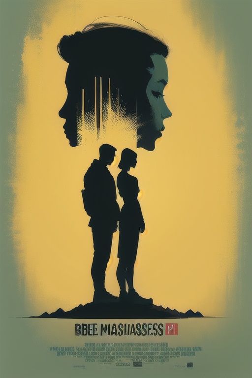 ((masterpiece)), best quality,MinimalistPoster, 1man standing in 1girl face silhouette, english text, from side,