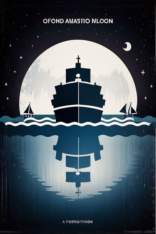 ((masterpiece)), best quality,MinimalistPoster, sailboat, night, castle, sea, full moon, monochrome, starry sky, english text, reflection,