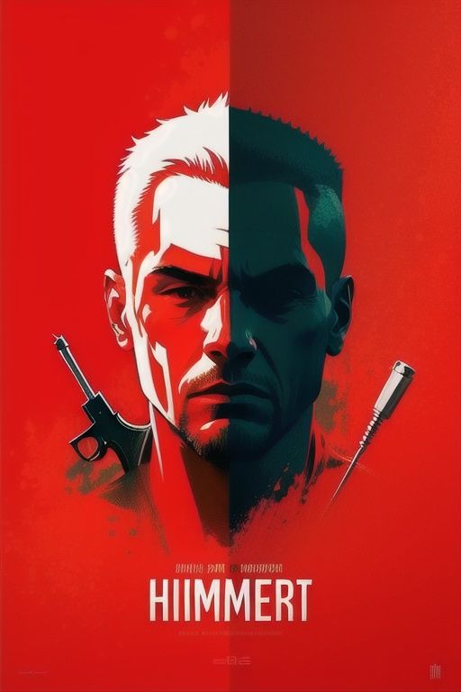 ((masterpiece)), best quality, perfect anatomy,8K wallpaperMinimalistPoster, Hammer, handgun, red theme, English text, 1boy, face