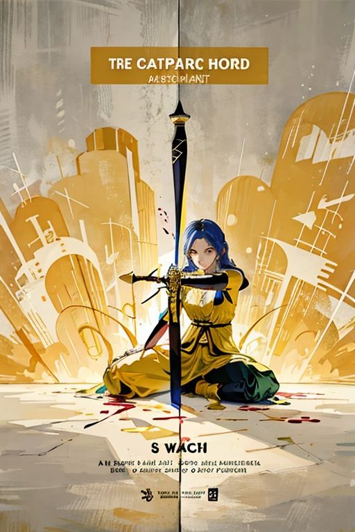 ((masterpiece)), best quality,MinimalistPoster, 1girl, yellow theme, english text, blood drip,sword,