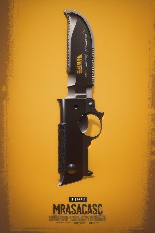 ((masterpiece)), best qualityMinimalistPoster,handgun, knife, english text,yellow theme, blood stain