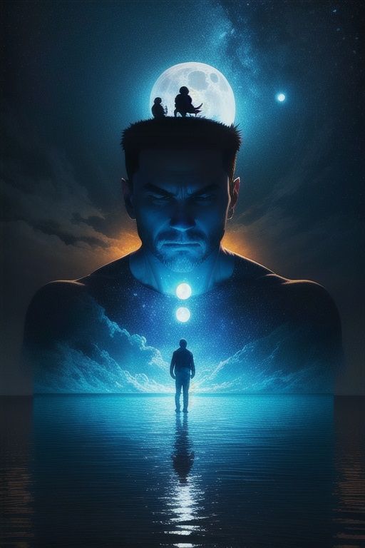 ((masterpiece)), best quality, perfect anatomy,8K wallpaperIsland, 1 boy, sea, moon, blue theme, silhouette, multiple exposures