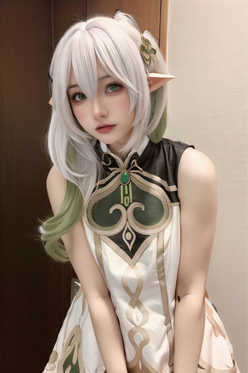 (masterpiece:1.3),best quality,high resolution,unity 8k wallpaper,(illustration:1),perfect lighting,photo_\(medium\),photorealistic,realistic,,
finely detail,extremely detailed,soft lighting and shadow,soft yet striking lighting,film grain:1.2,,
nahida \(genshin impact\), 1girl, solo, looking at viewer, pointy ears, white hair, multicolored hair, side ponytail, hair ornament, dress, long hair, white dress, bangs, green hair, hair between eyes, lips, gradient hair, realistic, cross-shaped pupils, sleeveless dress, bare shoulders, green eyes, sleeveless, closed mouth, symbol-shaped pupils, leaning forward