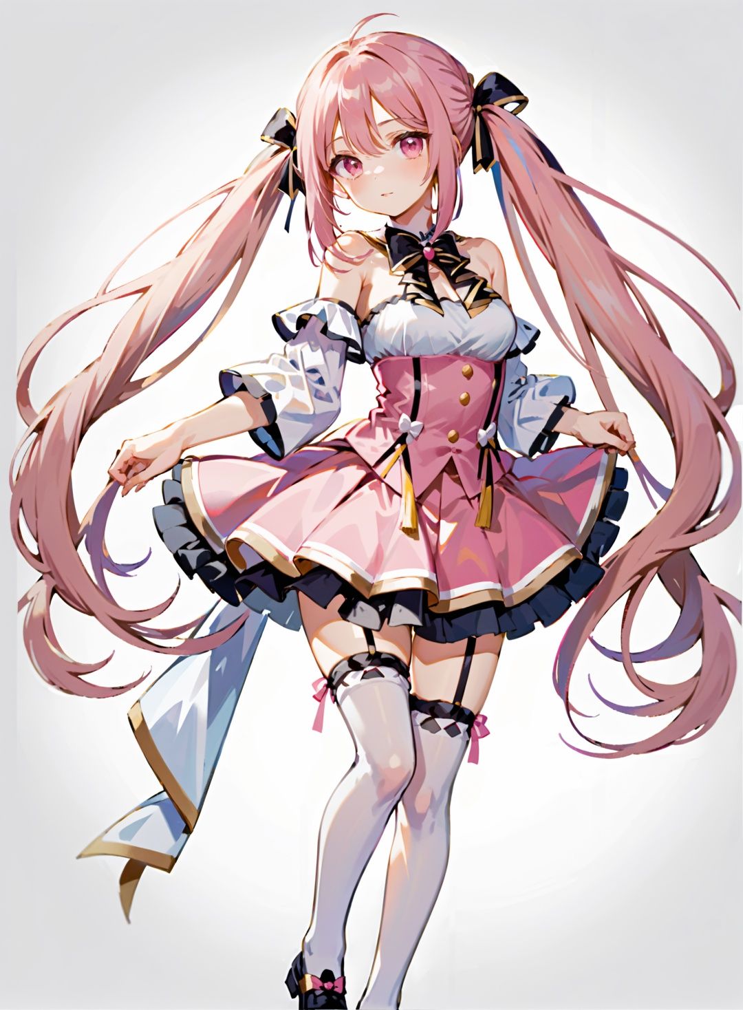 slender waist,slender figure,masterpiece,best quality,1girl,mahorokano,solo,long hair,twintails,pink hair,bow,ribbon,bare shoulders,braid,very long hair,bangs,skirt,hair bow,hair ribbon,pink eyes,detached sleeves,thighhighs,<lora:mahorokanoXL:0.6>,<lora:塔罗牌XL——DUSK_XL_TAROTCARD_dadapt_cos_5e4:1>,Tarot Card Style,white background,pose,