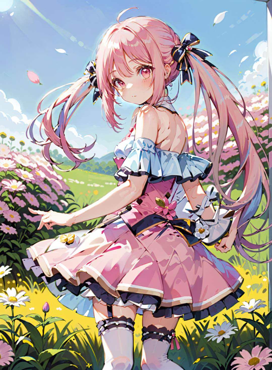 slender waist,slender figure,masterpiece,best quality,1girl,mahorokano,solo,long hair,twintails,pink hair,bow,ribbon,bare shoulders,braid,very long hair,bangs,skirt,hair bow,hair ribbon,pink eyes,detached sleeves,thighhighs,<lora:mahorokanoXL:0.8>,flowers,petals,lawn,blue sky,pink dress,pink flowers,pink theme,from front,pose,posing,