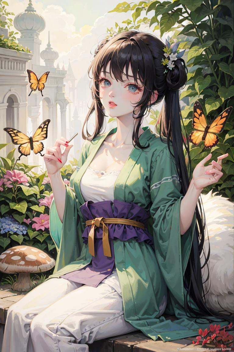 (Cinematic Lighting),  In a whimsical and fantastical garden,  the 2D anime black hair girl sits on a giant toadstool by i...